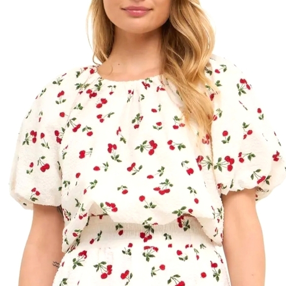 English Factory Tops - English Factory cherry print puff sleeve blouse
